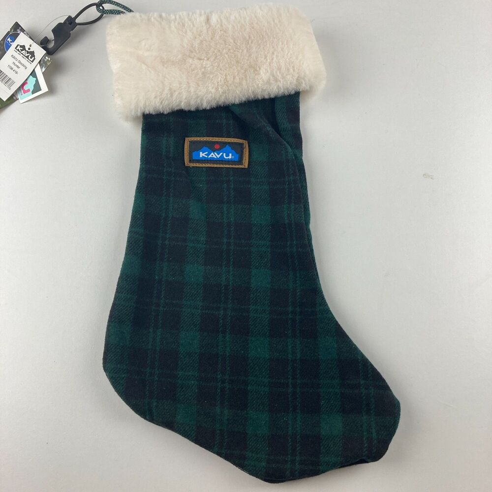 KAVU Christmas Stocking Hunter Green Plaid Faux Fur Cuff NWT Holiday Decor